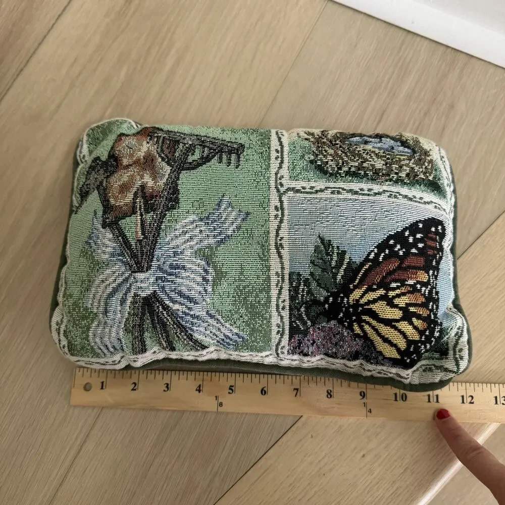 Vintage Tapestry Throw Pillow 12x8” Gardening Butterfly Spring